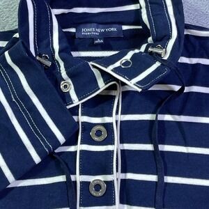 JONES NEW YORK SIGNATURE Navy White Stripe Mock Neck Pullover Tunic Top L